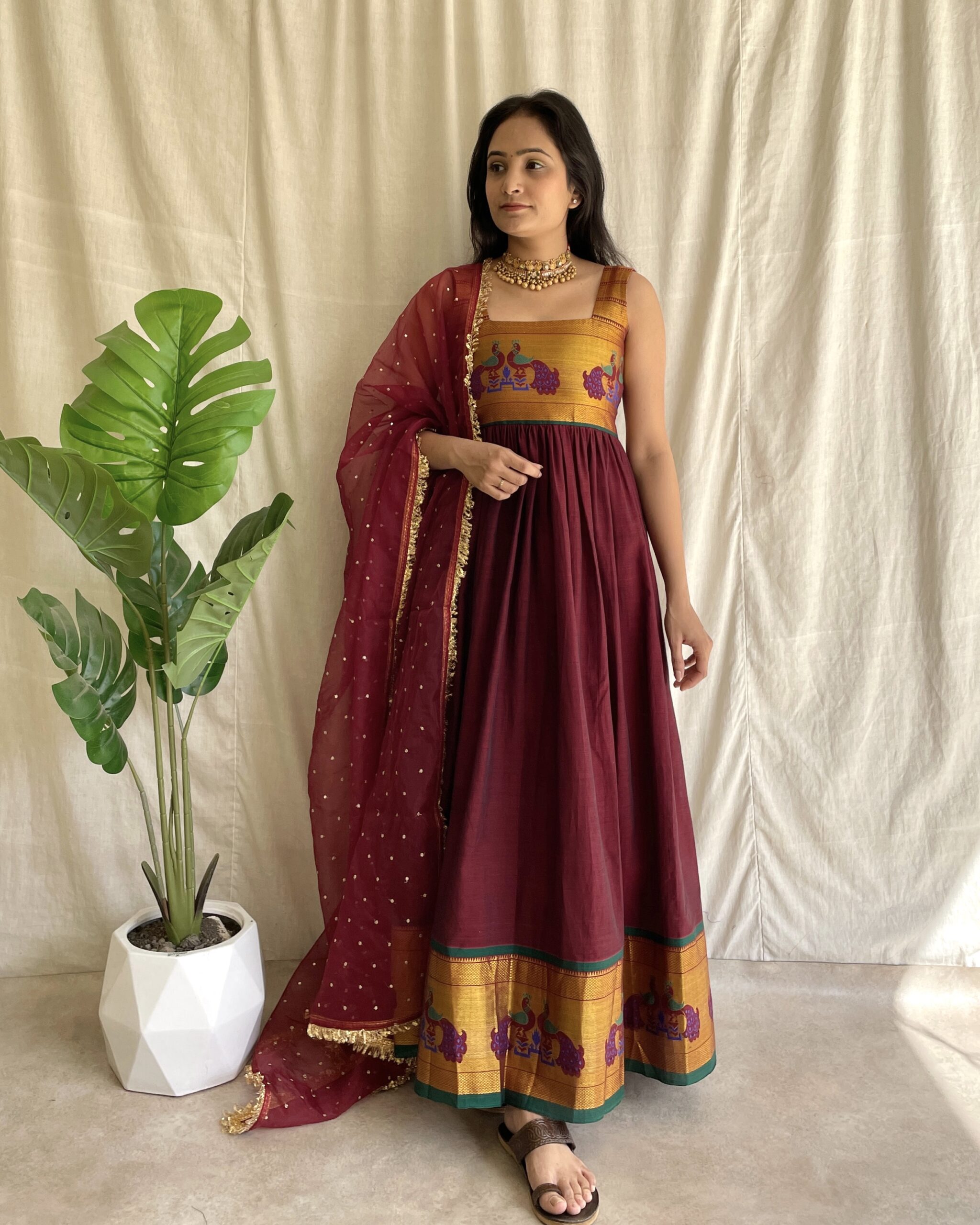 Maroon handloom long dress with dupatta