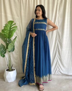 Navy blue handloom long dress with dupatta