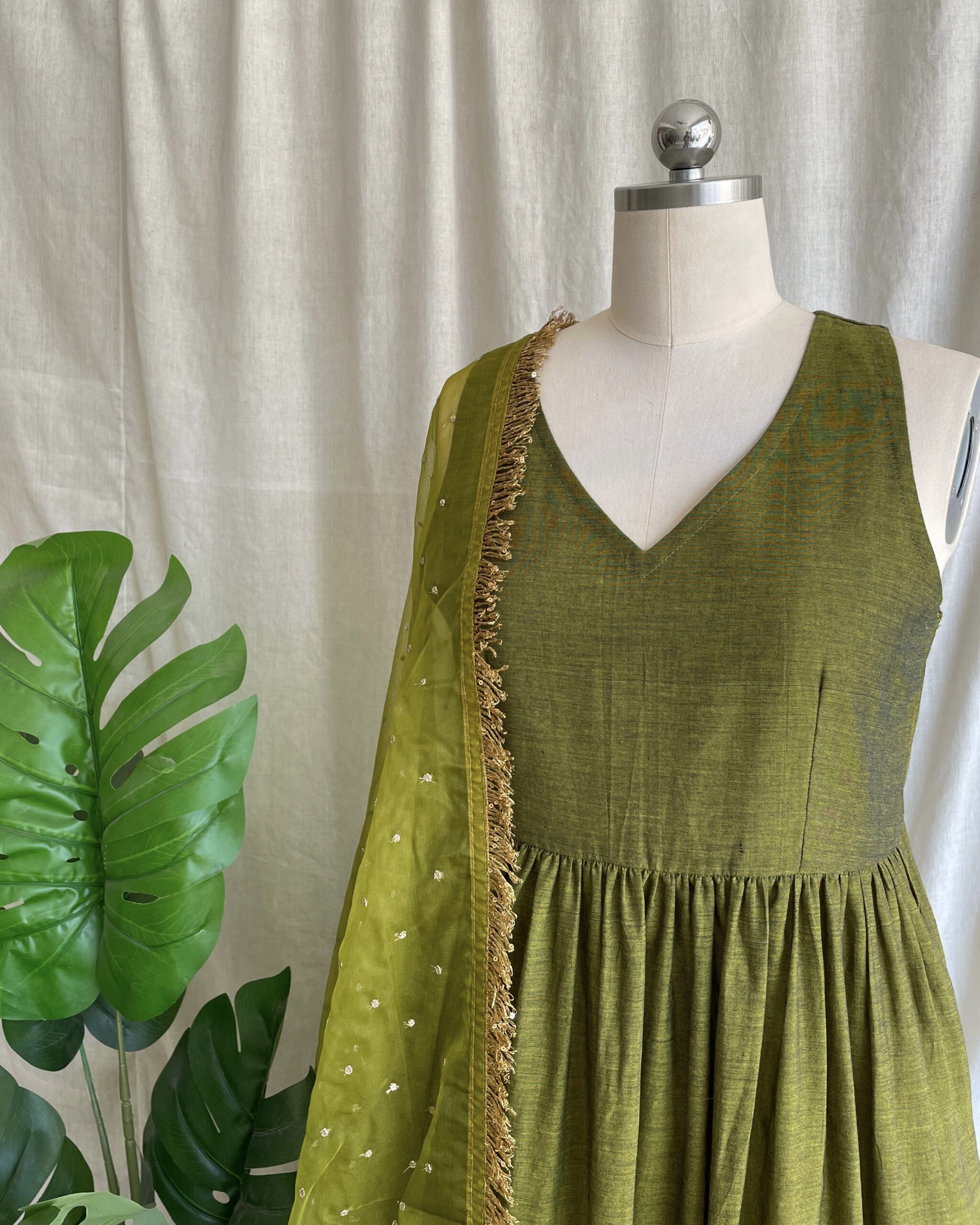 Lime green handloom long dress with dupatta