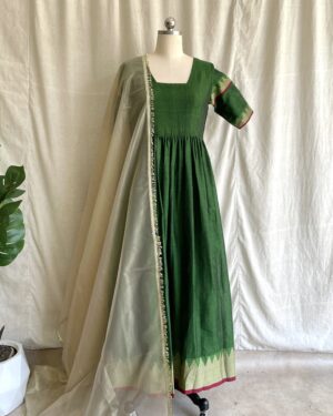 Parrot green handloom long dress with dupatta