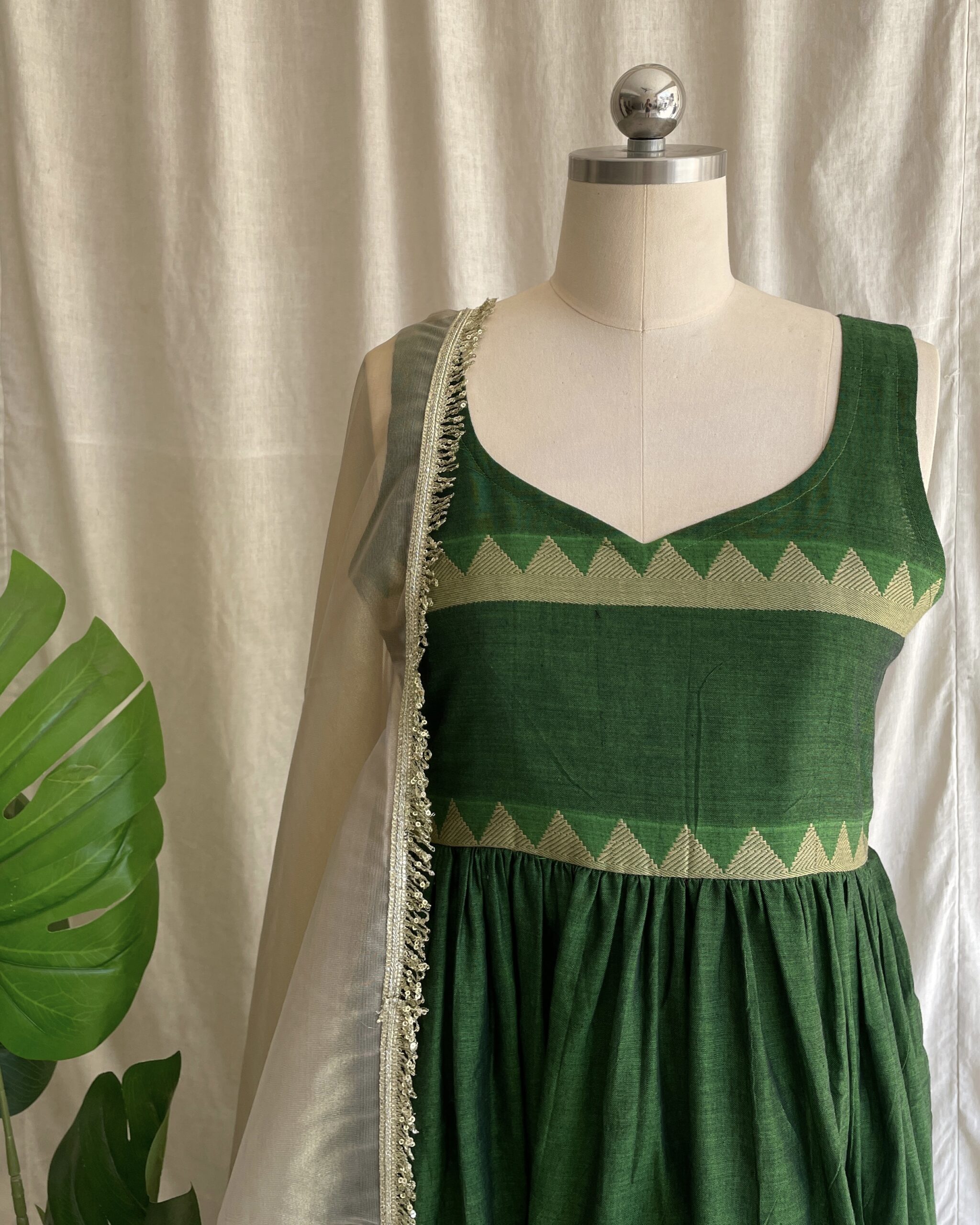 Parrot green handloom long dress with dupatta