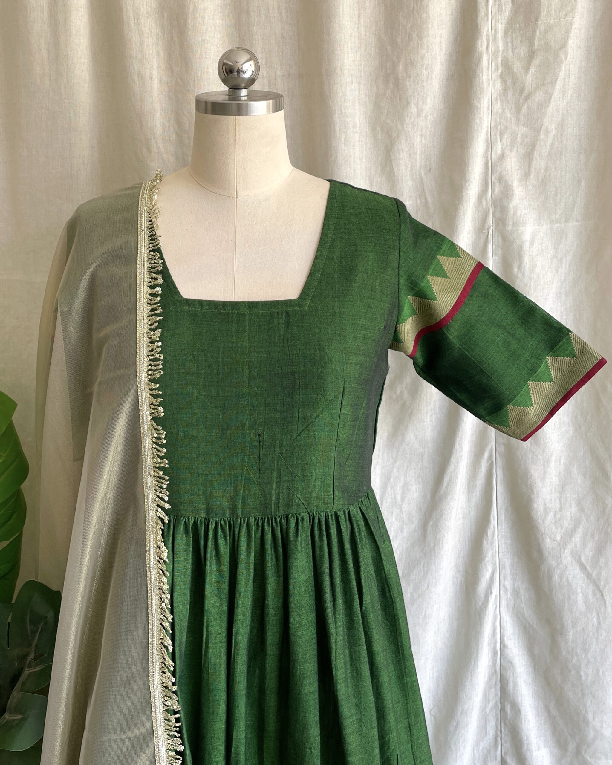 Parrot green handloom long dress with dupatta