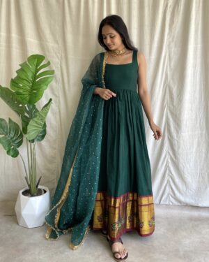 Lime green handloom long dress with dupatta