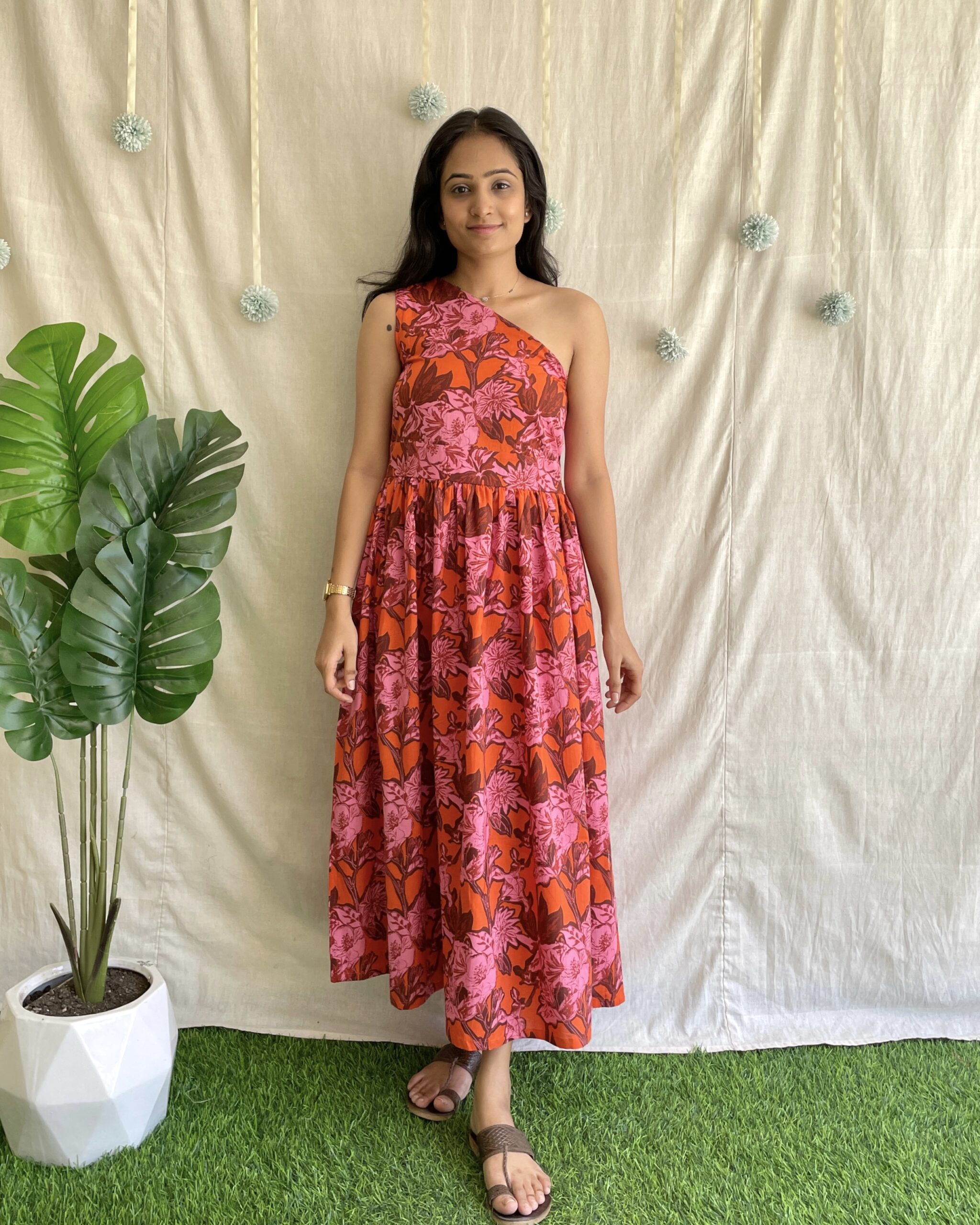 Orange floral print one shoulder dress