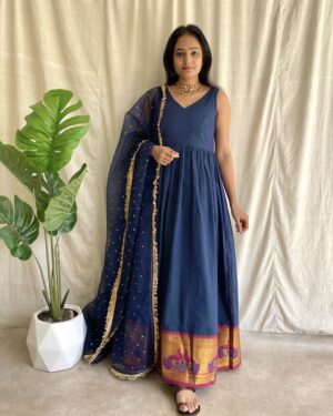Navy blue handloom long dress with dupatta