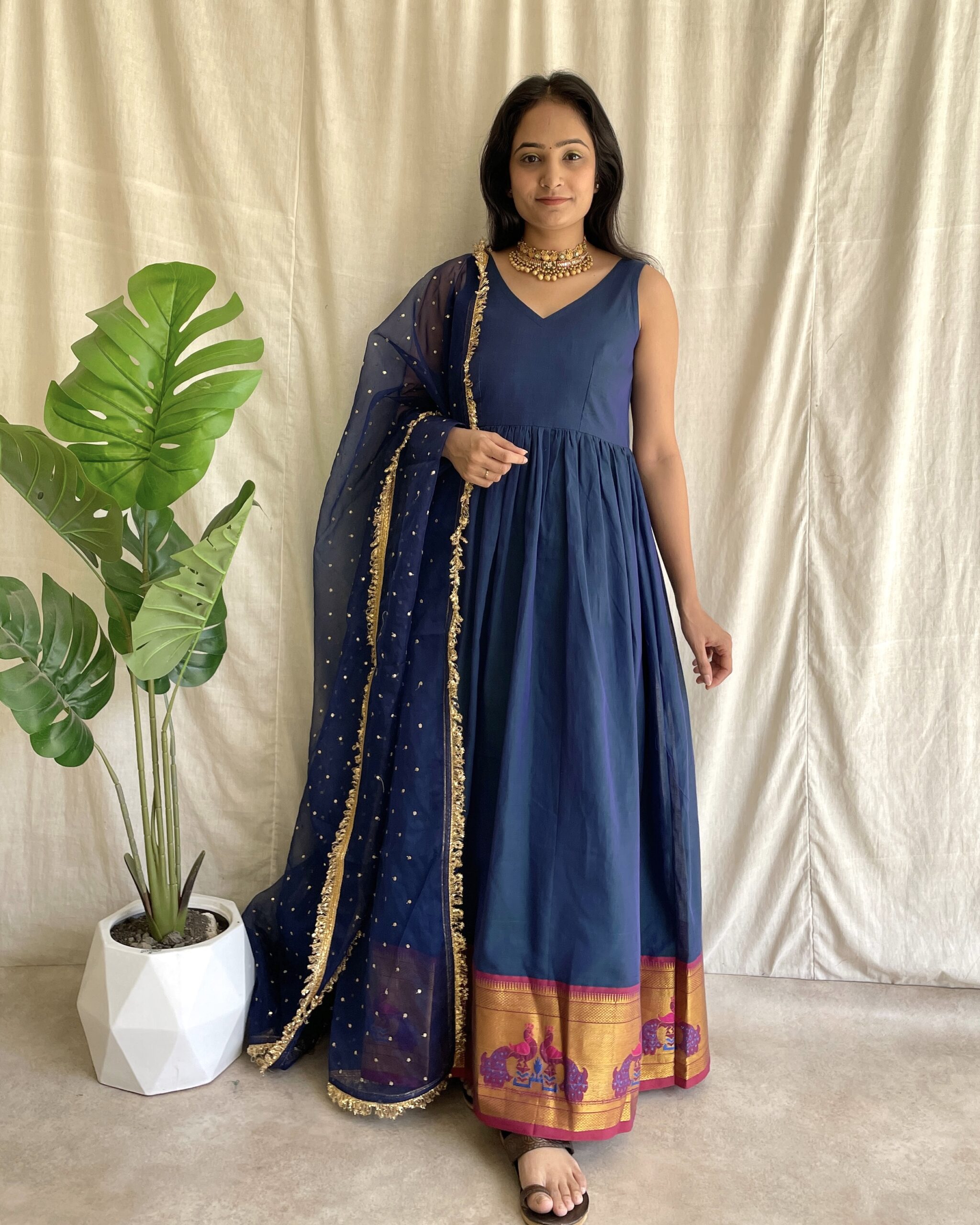 Navy blue handloom long dress with dupatta