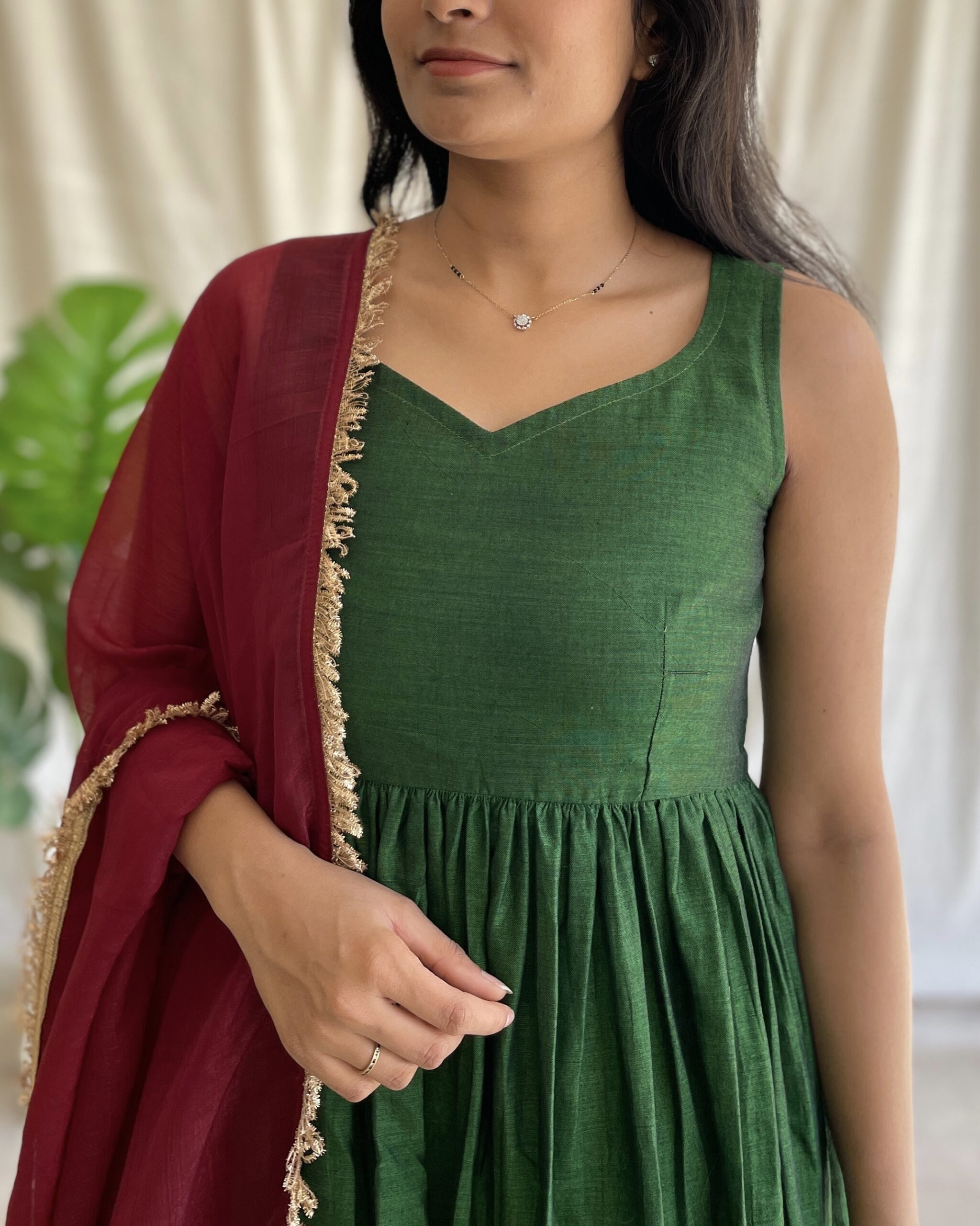 Parrot green handloom long dress with dupatta