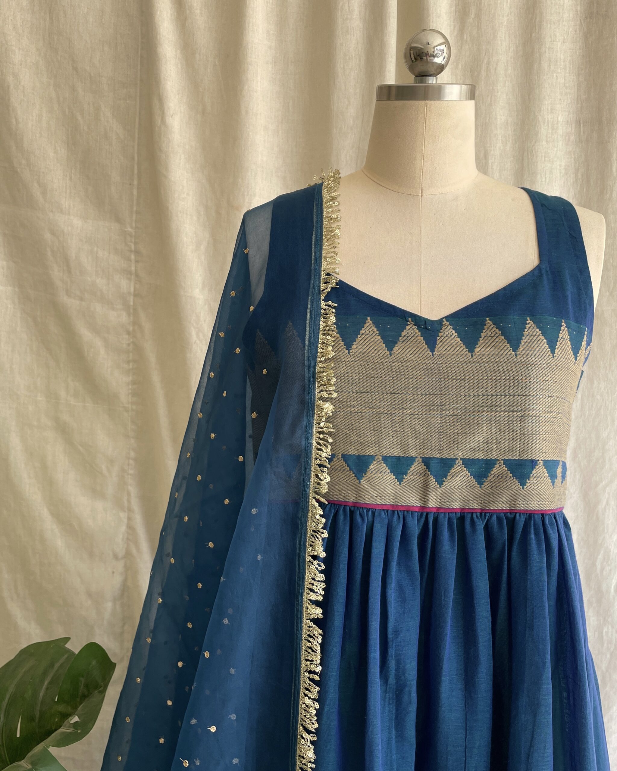 Navy blue handloom long dress with dupatta