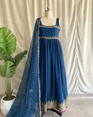 Navy blue handloom long dress with dupatta
