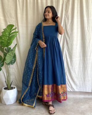 Navy blue handloom long dress with dupatta