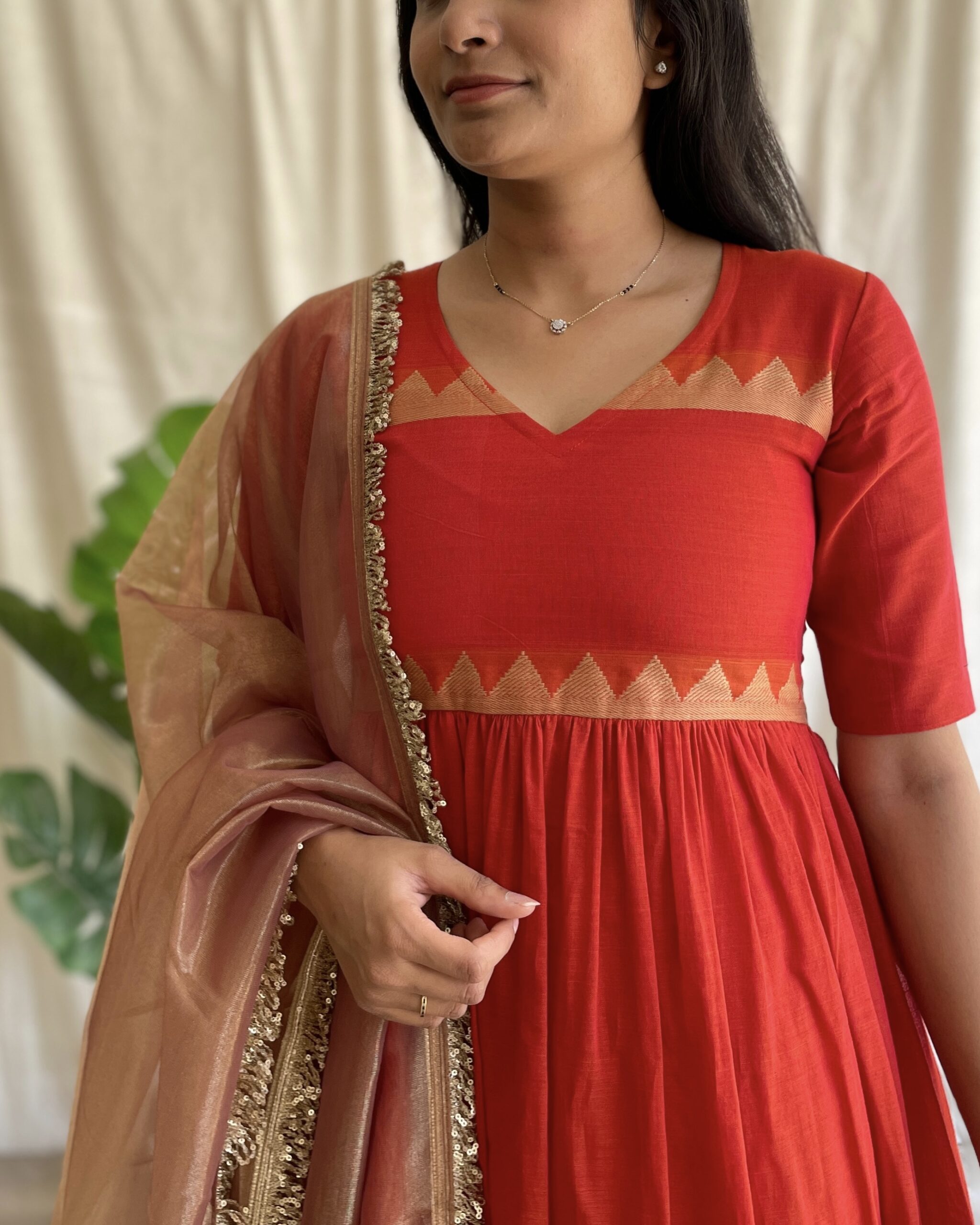 Rust orange handloom long dress with dupatta