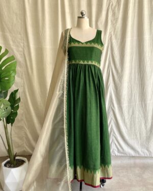 Parrot green handloom long dress with dupatta