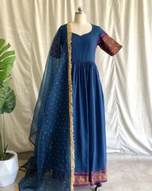 Navy blue handloom long dress with dupatta