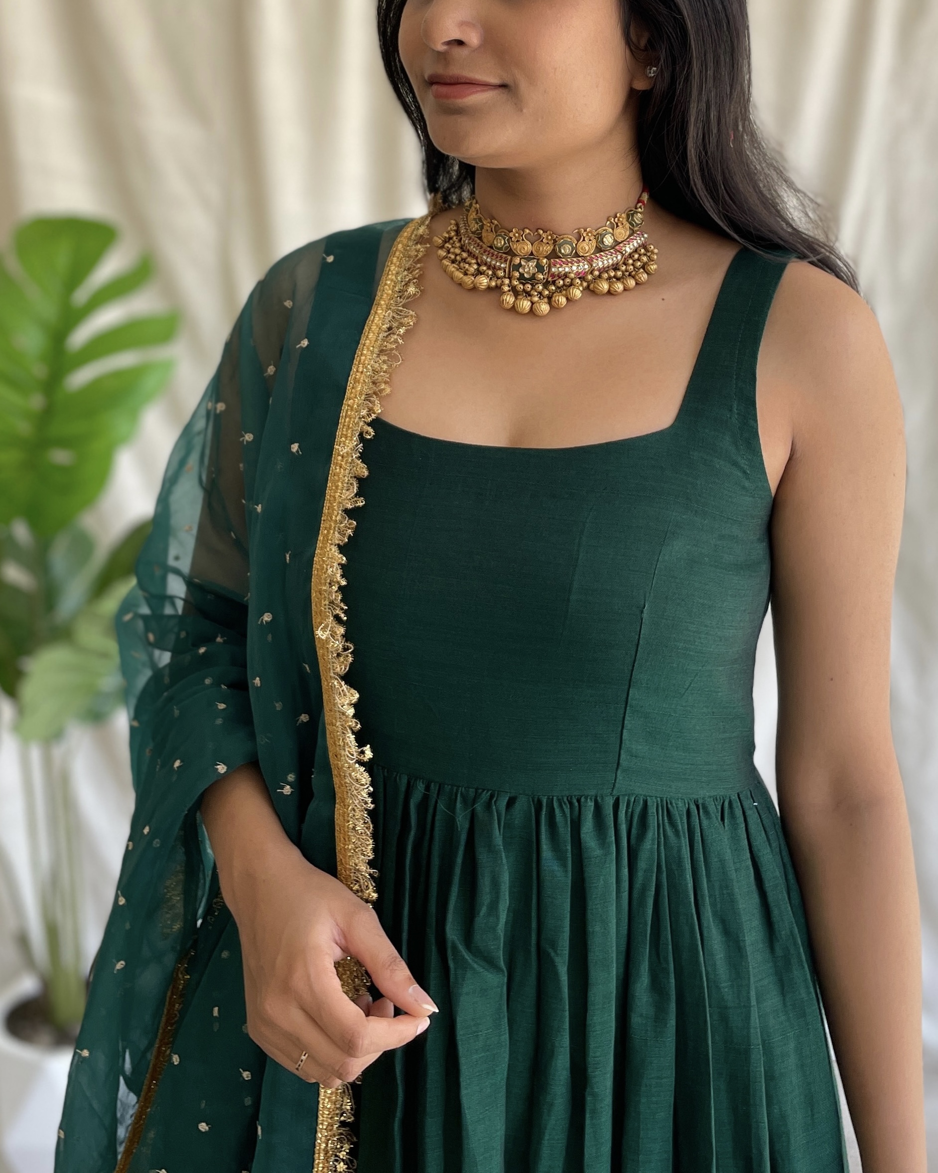 Lime green handloom long dress with dupatta