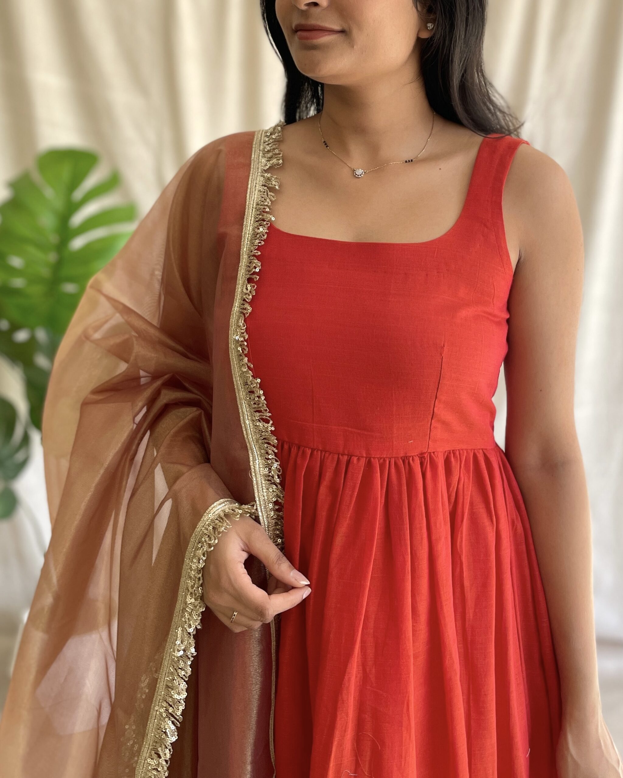 Rust orange handloom long dress with dupatta