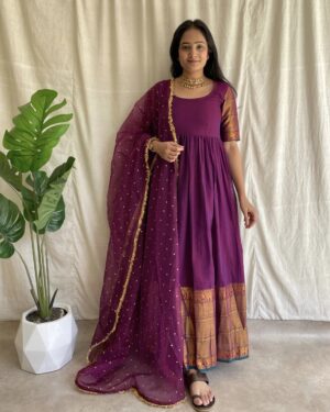 Wine handloom long dress with dupatta