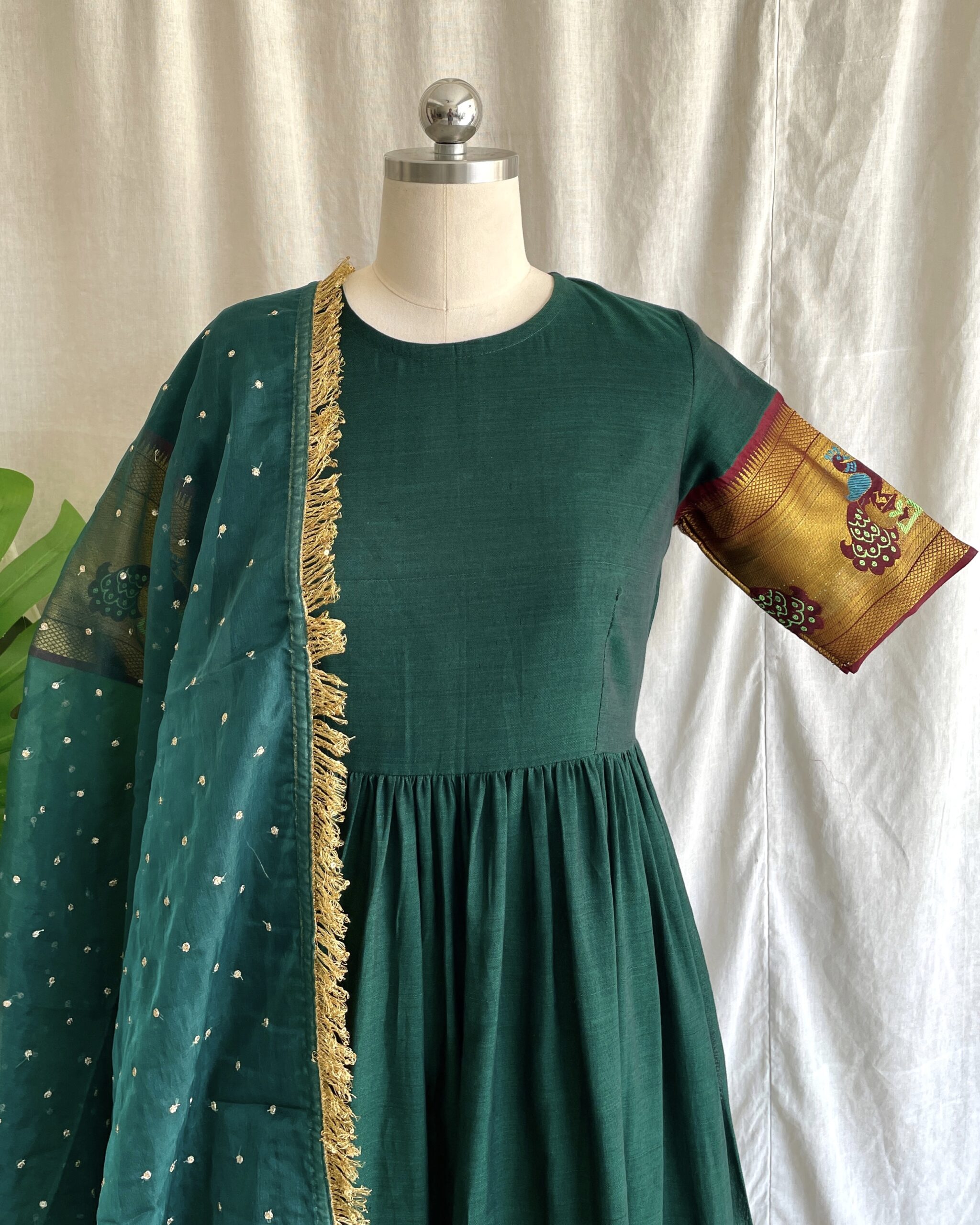 Green handloom long dress with dupatta