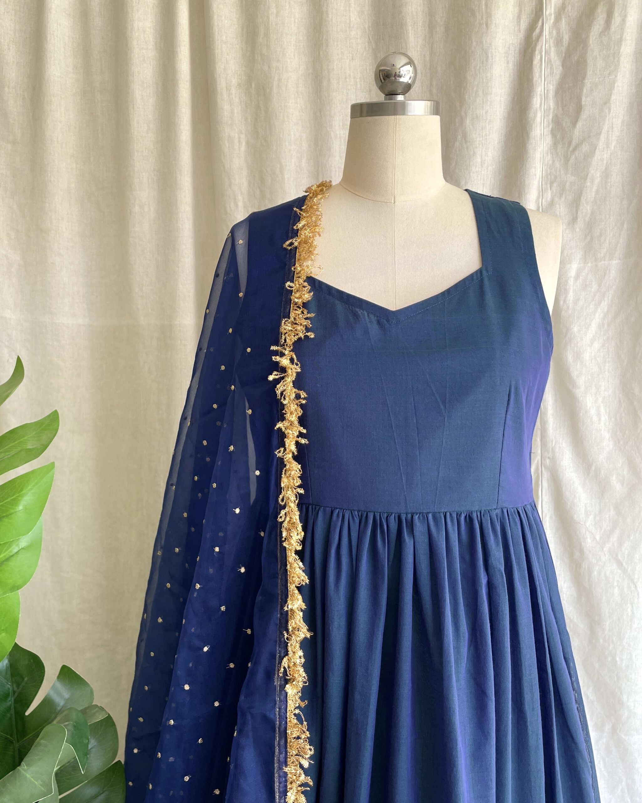 Navy blue handloom long dress with dupatta