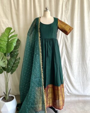 Green handloom long dress with dupatta