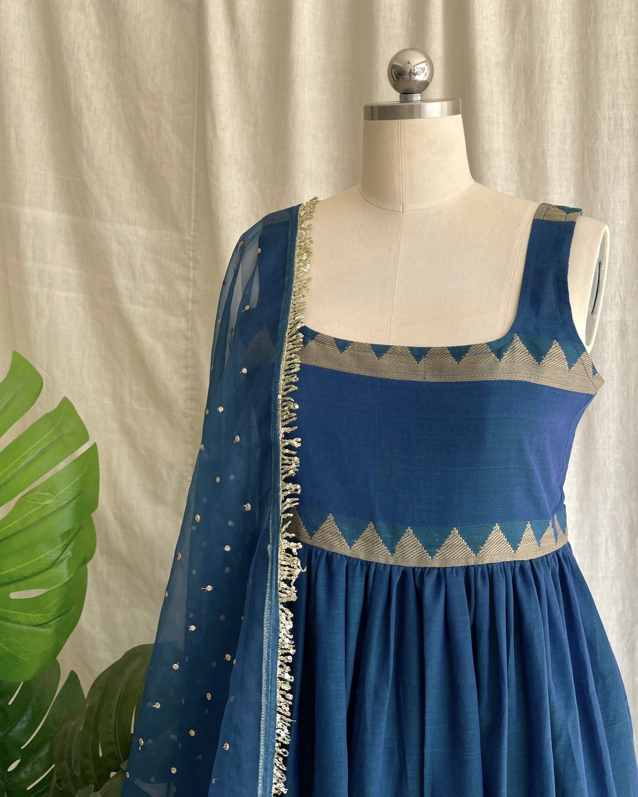 Navy blue handloom long dress with dupatta