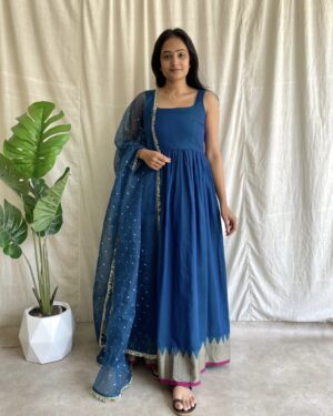 Navy blue handloom long dress with dupatta