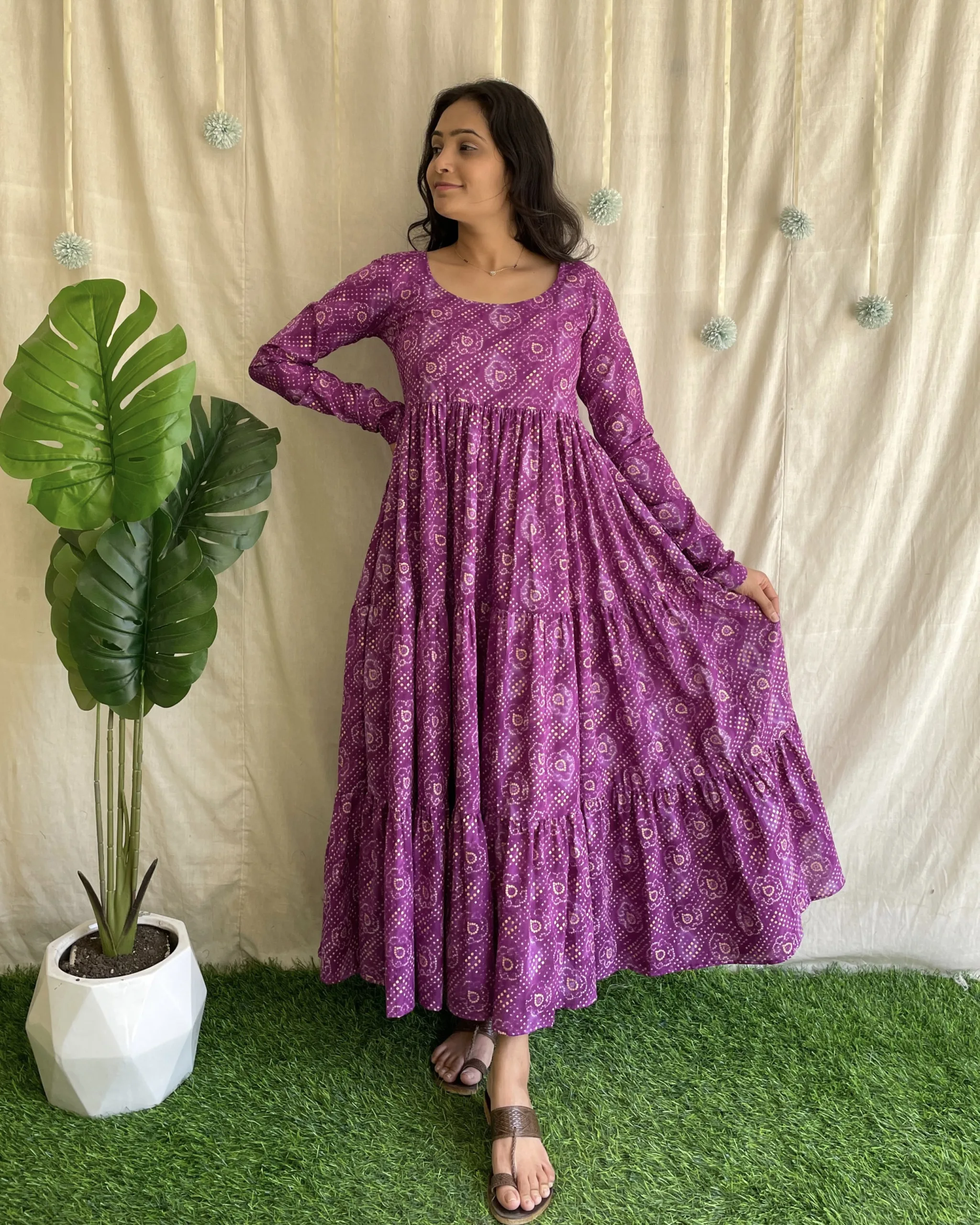 Purple bandhani print 3 tiered maxi dress