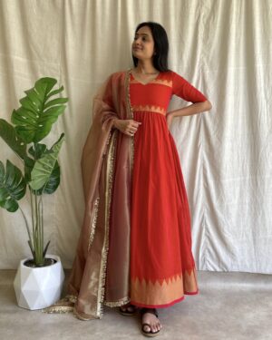 Rust orange handloom long dress with dupatta