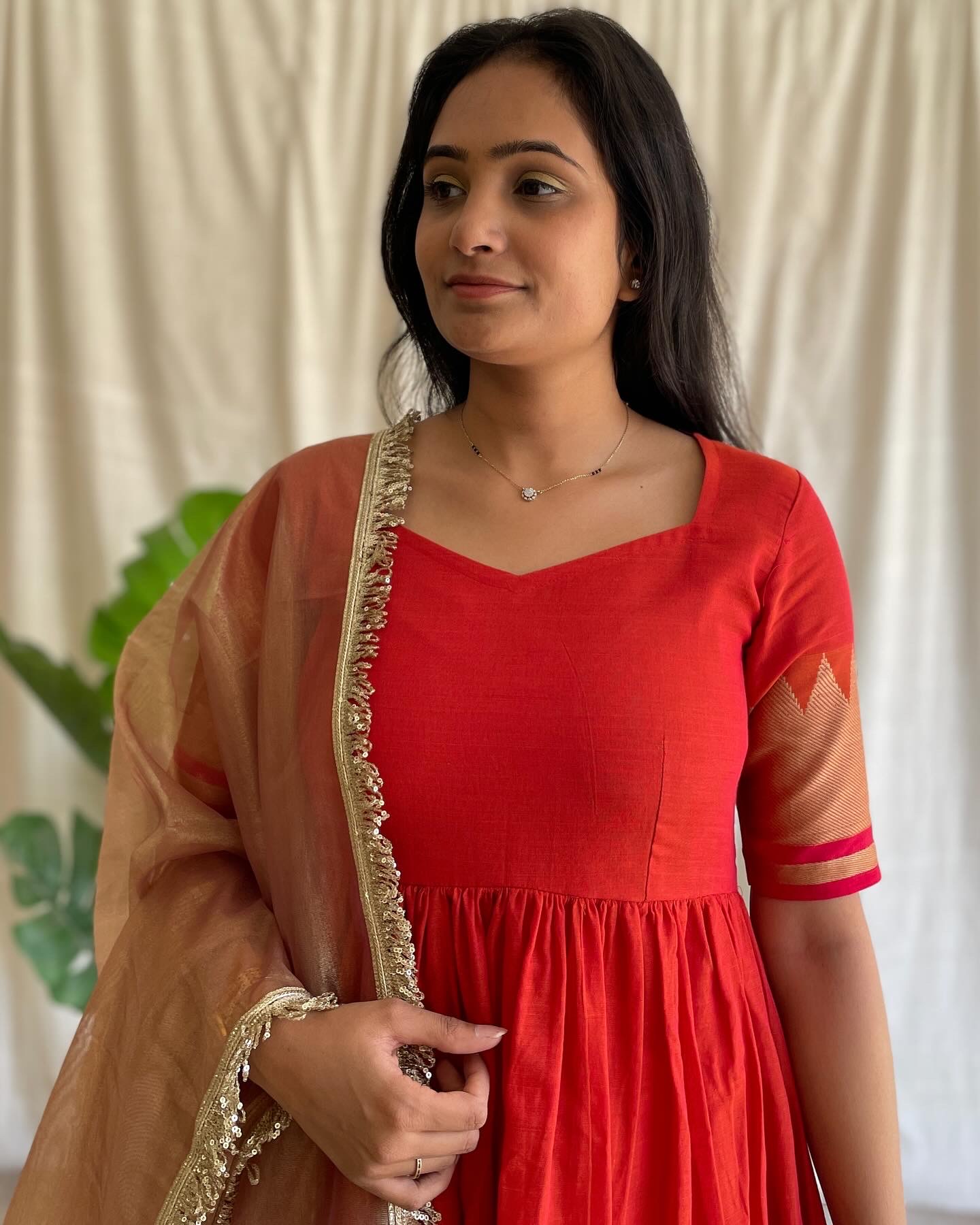 Rust orange handloom long dress with dupatta