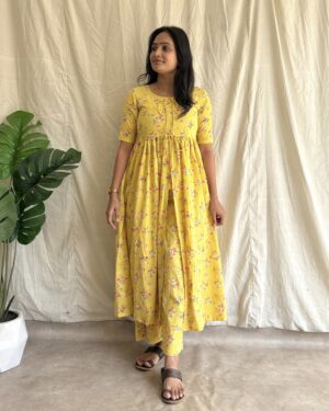 Yellow floral print embroidered kurta set