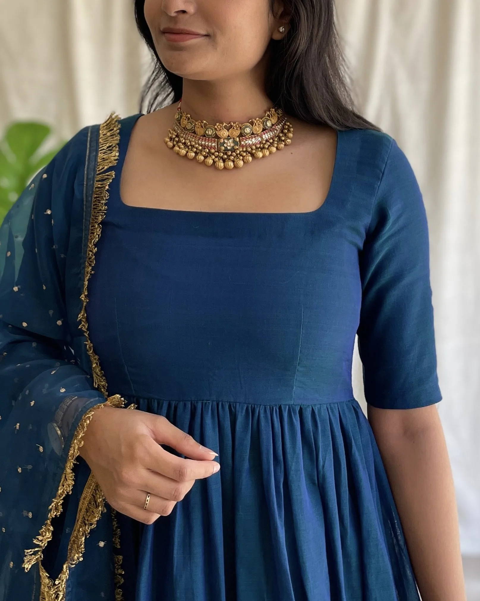 Navy blue handloom long dress with dupatta