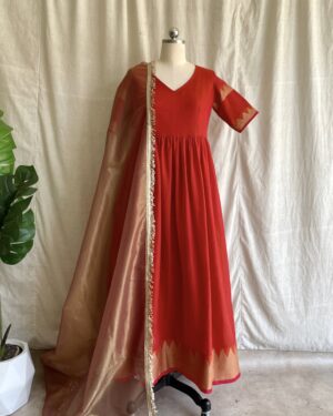 Rust orange handloom long dress with dupatta