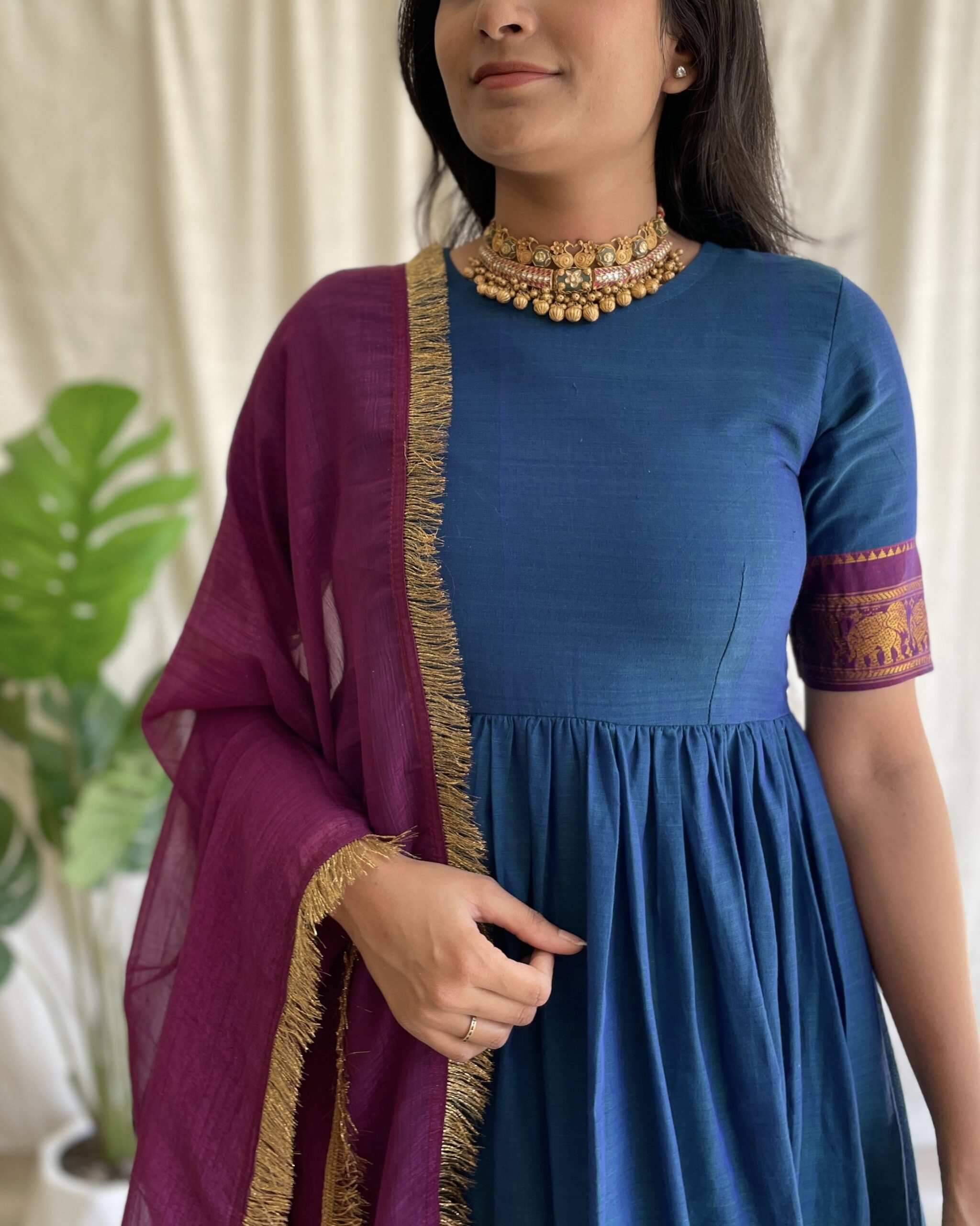 Navy blue handloom long dress with dupatta