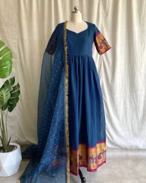 Navy blue handloom long dress with dupatta