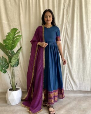 Navy blue handloom long dress with dupatta