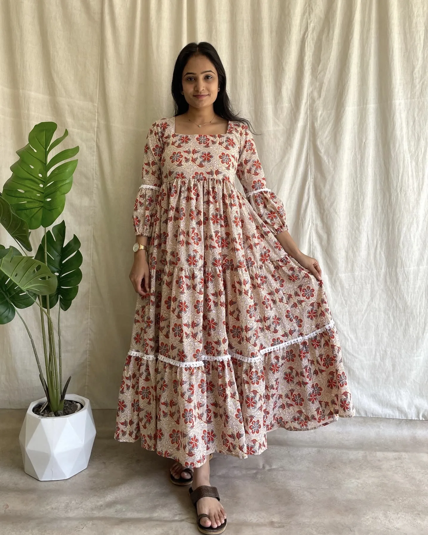 beige cotton flroal print 3 tiered maxi dress