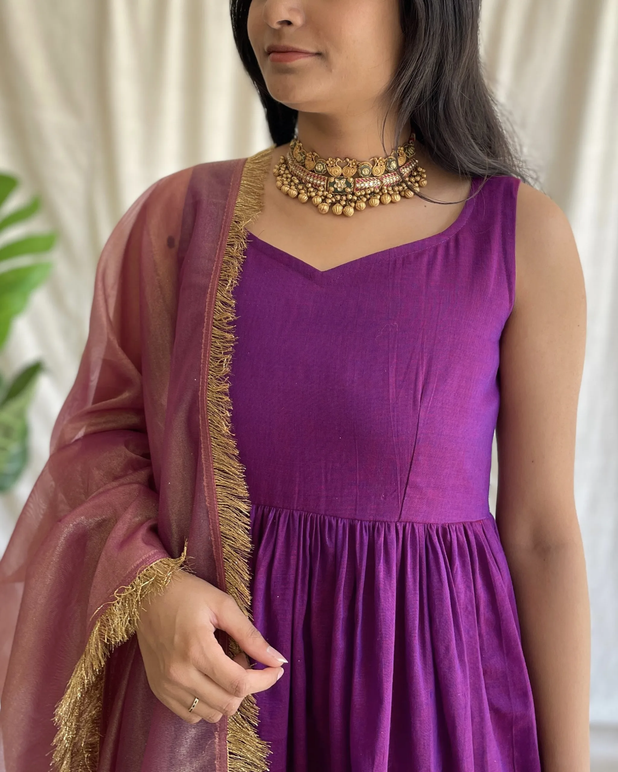 Rani pink handloom long dress with dupatta