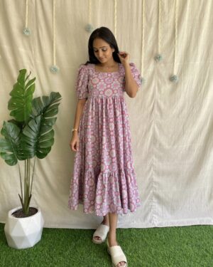 Light pink ajrakh print 2 tiered maxi dress