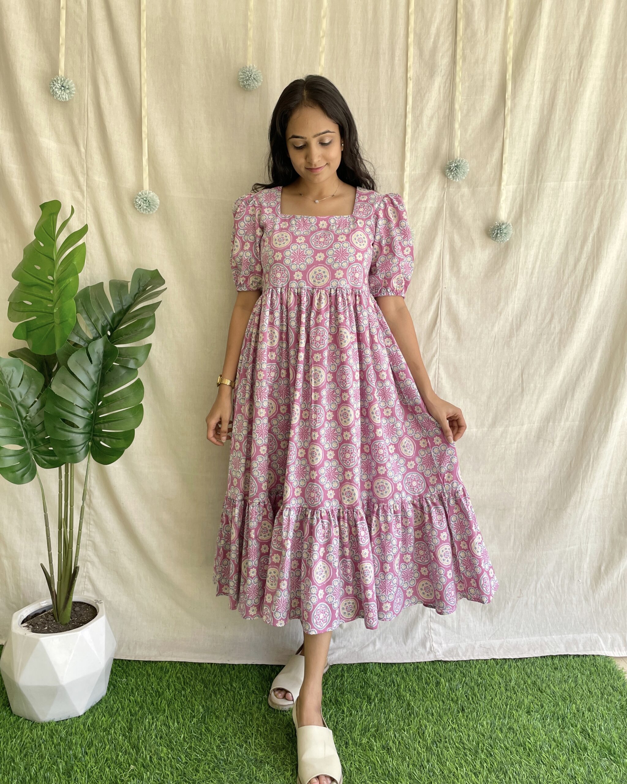 Light pink ajrakh print 2 tiered maxi dress