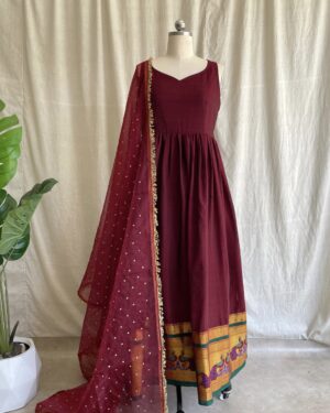 Maroon handloom long dress with dupatta