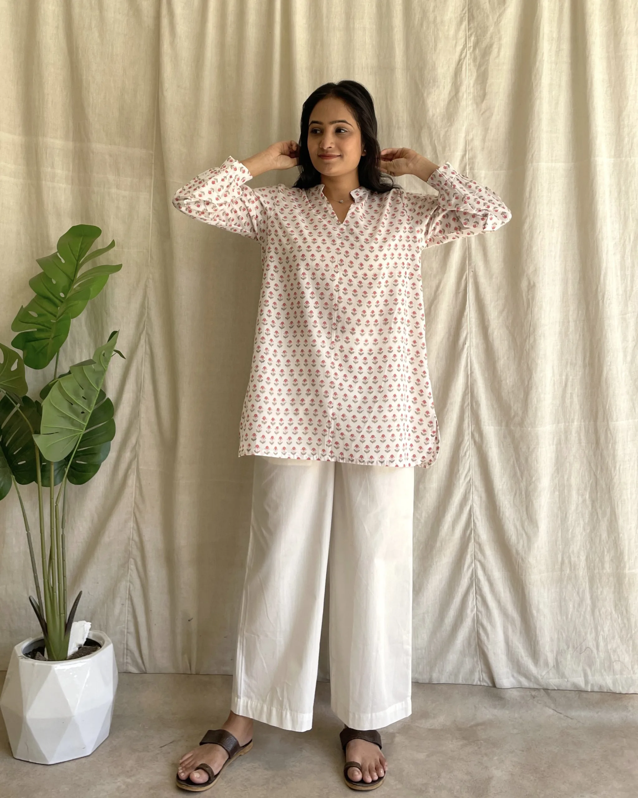 Off white and red cotton tunic and bottom set