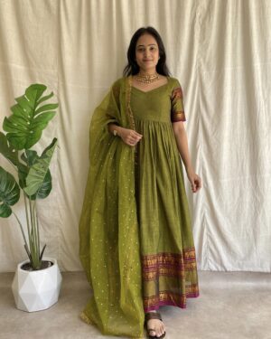 Lime green handloom long dress with dupatta