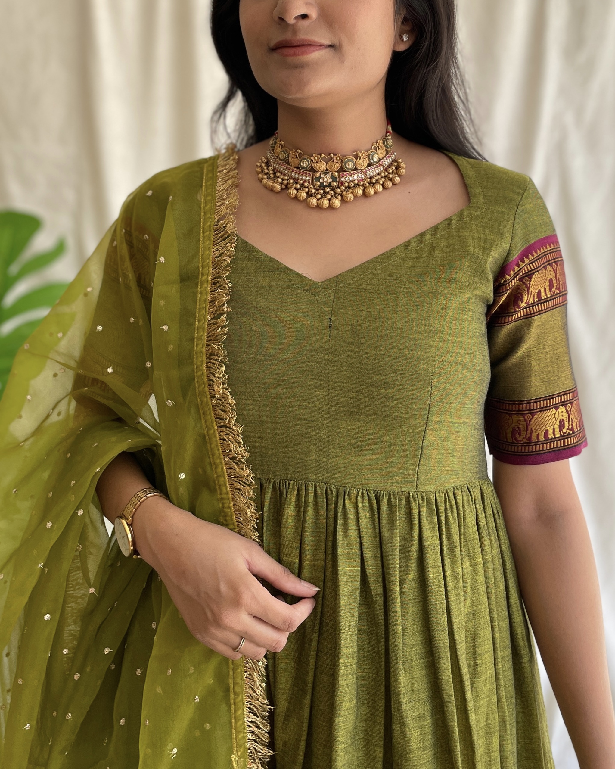 Lime green handloom long dress with dupatta