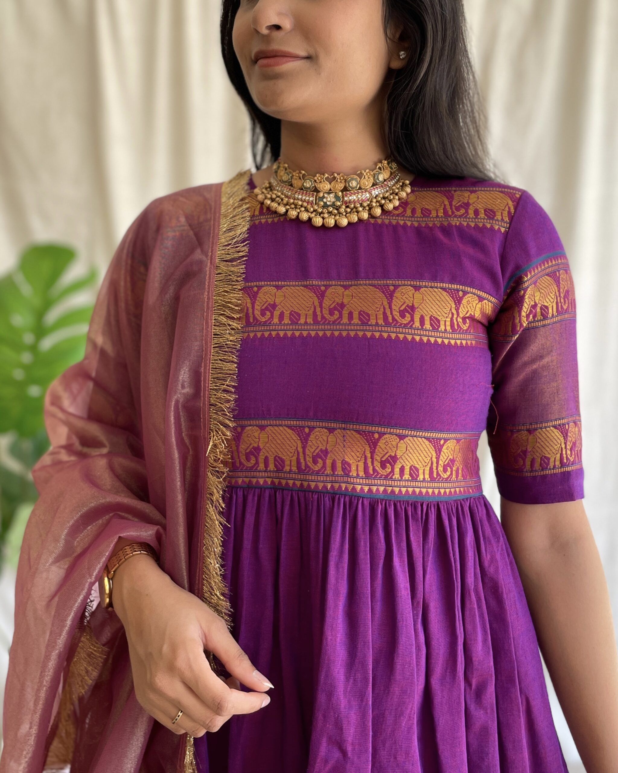 Rani pink handloom long dress with dupatta