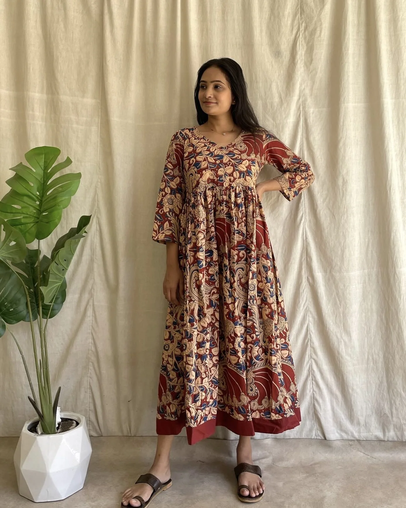 Maroon Kalamkari print cotton dress