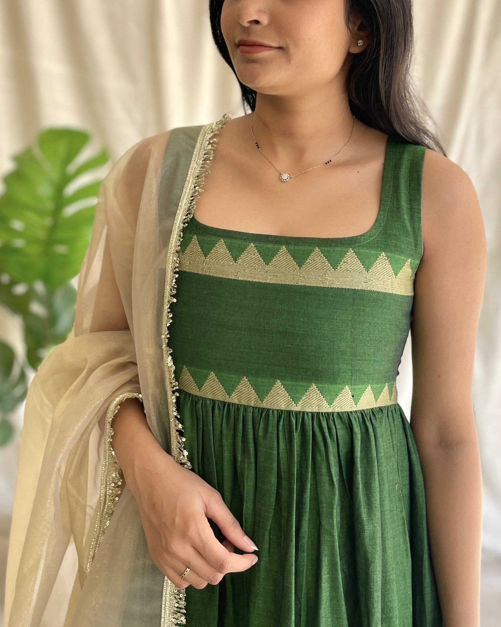 Parrot green handloom long dress with dupatta