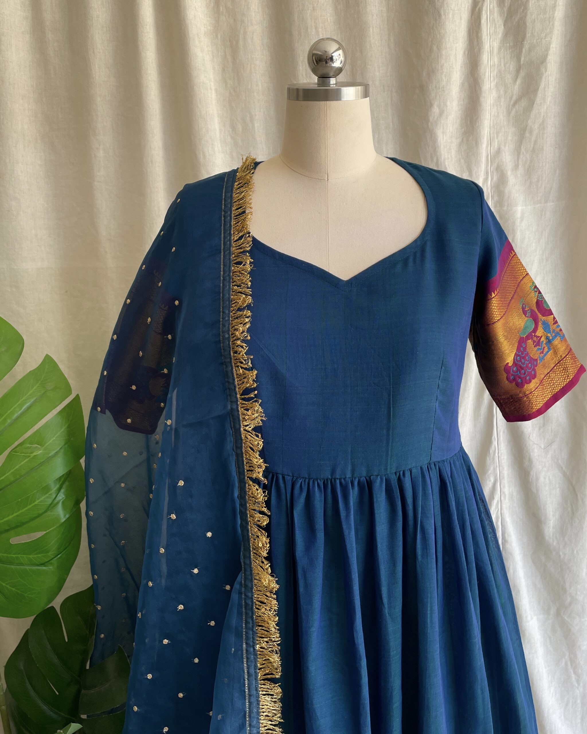 Navy blue handloom long dress with dupatta