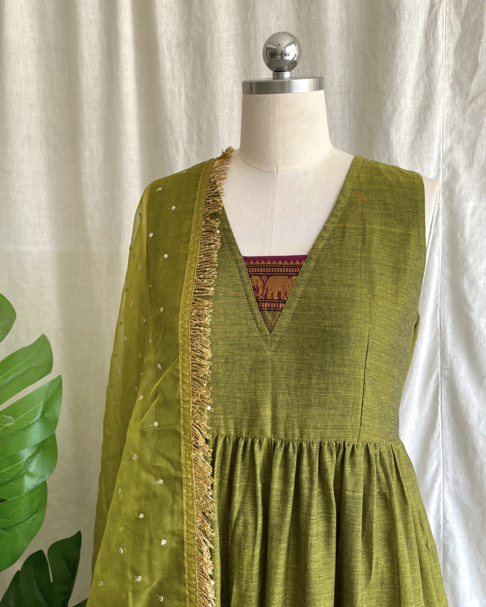Lime green handloom long dress with dupatta