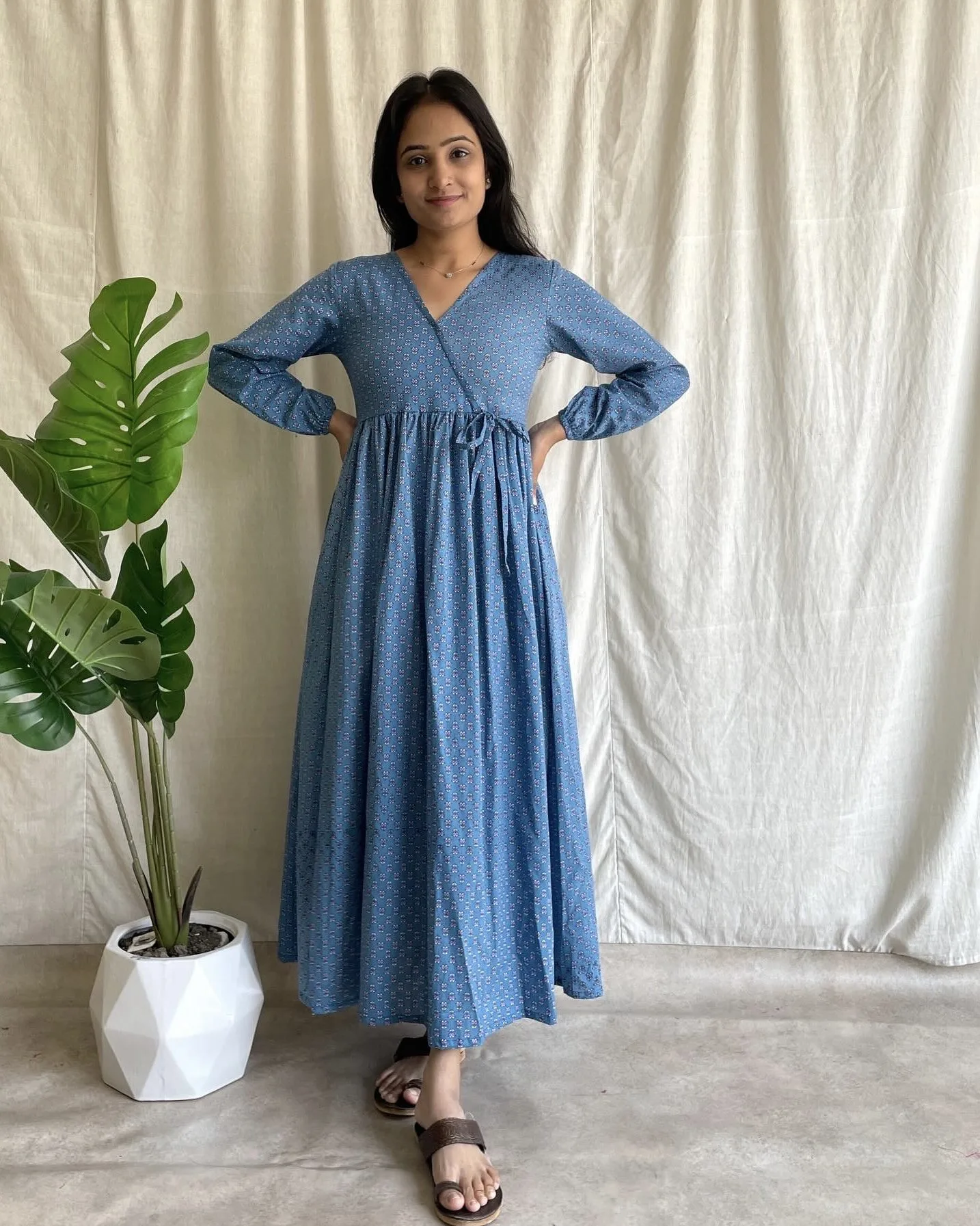 Sky blue cotton printed maxi dress