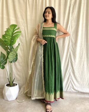 Parrot green handloom long dress with dupatta