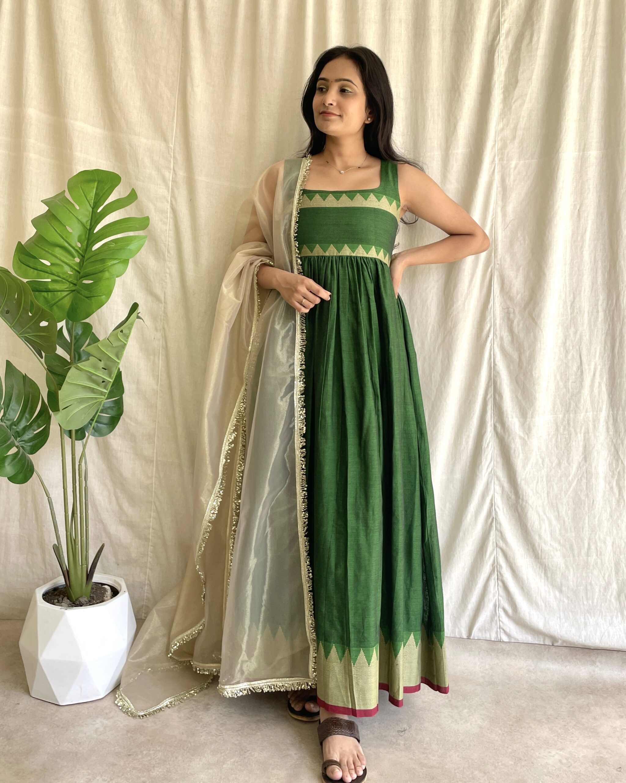 Parrot green handloom long dress with dupatta